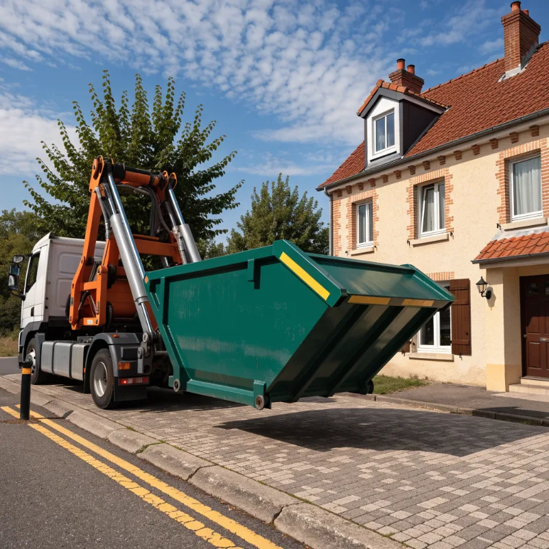 Camion ampliroll livrant une benne de chantier devant une maison en Seine-et-Marne