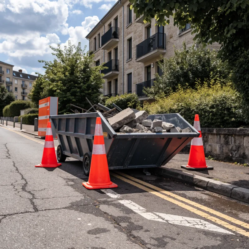 Benne de chantier avec cônes de signalisation posée en bordure de rue