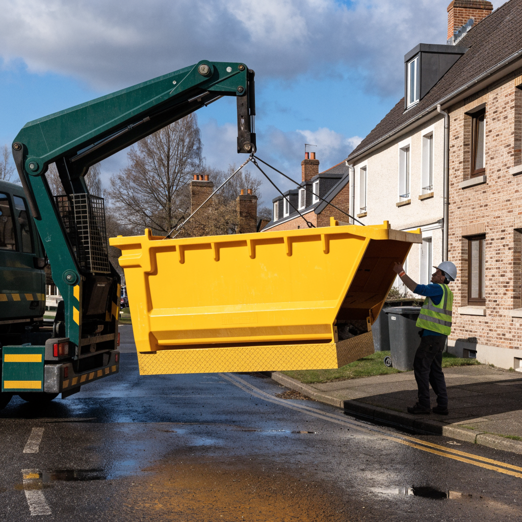 Livraison d'une benne de chantier sur une allée résidentielle en Seine-et-Marne