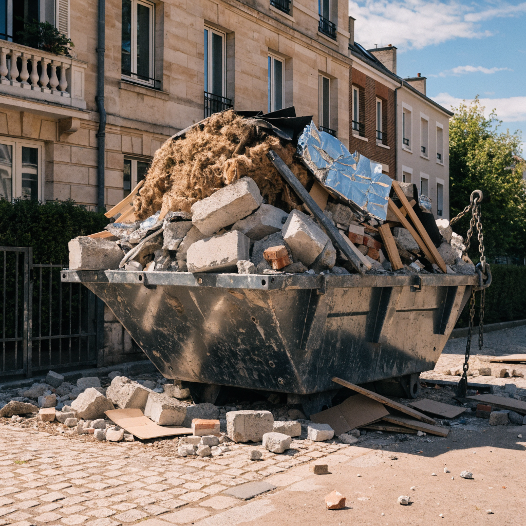 Benne à chaîne remplie de gravats de rénovation sur un chantier résidentiel dans le 77