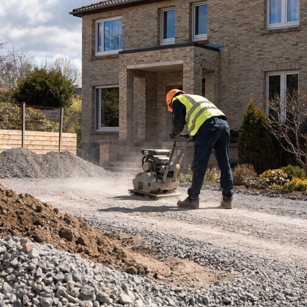 Compactage d'une allée en gravier devant une maison particulière en Île-de-France