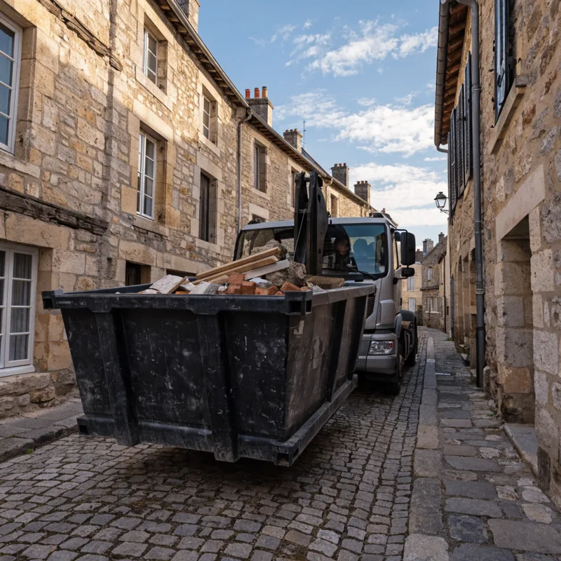 Livraison d'une benne de chantier dans une rue étroite en Seine-et-Marne