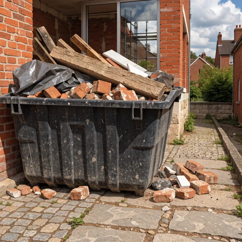 Benne de chantier positionnée dans une allée d'accès restreint pour des travaux de rénovation