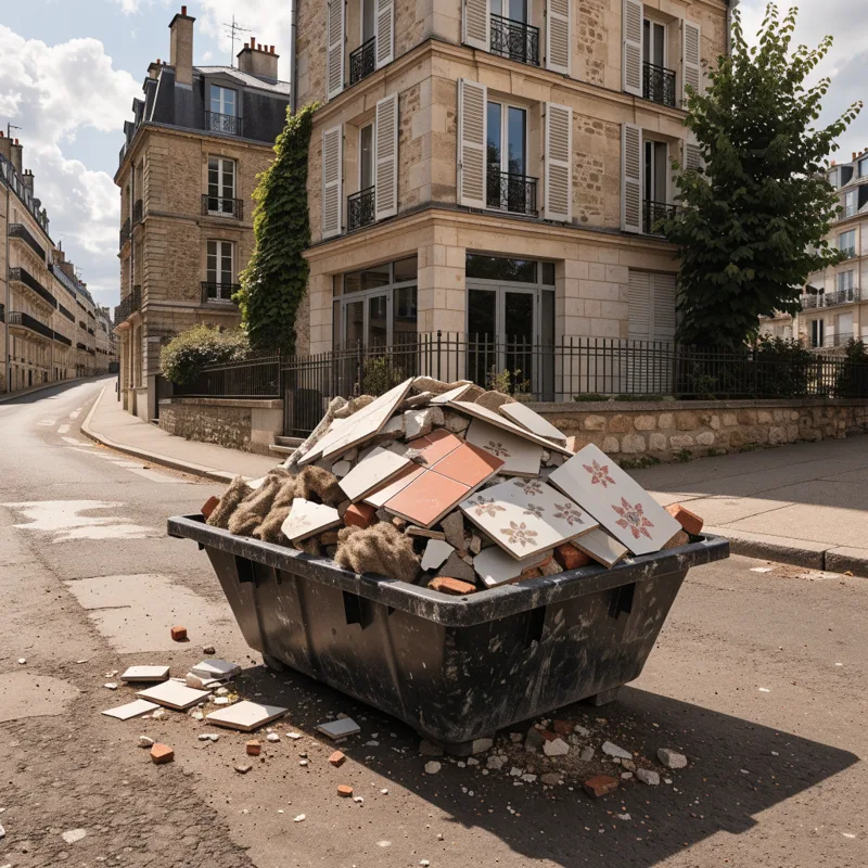 Benne à gravats de rénovation devant une maison en Seine-et-Marne