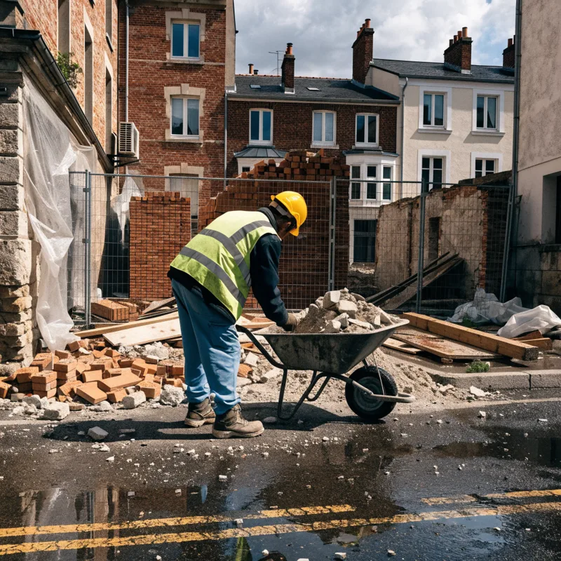 Chargement de gravats de rénovation lors d'un chantier résidentiel