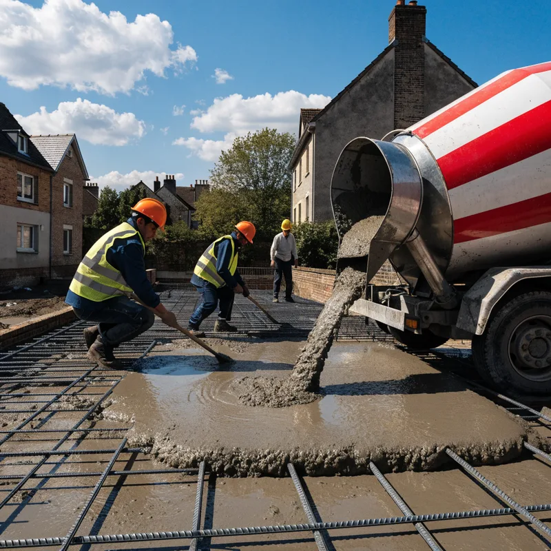 Coulage d'un radier en béton armé avec ferraillage sur un chantier de construction